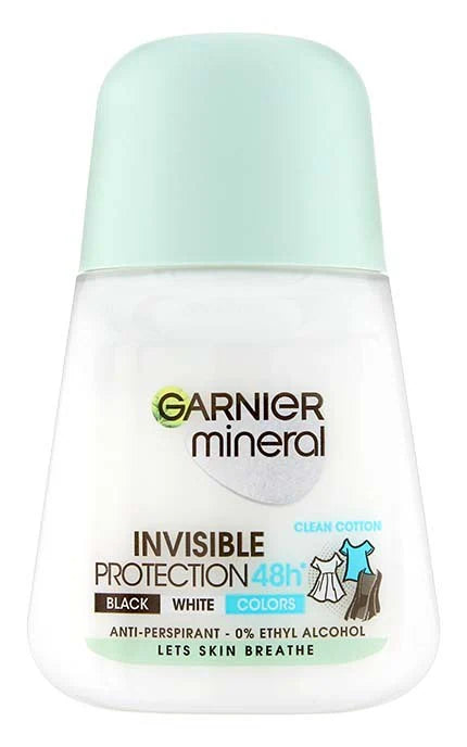 Garnier Mineral Invisible Protection 48h Anti-Perspirant Roll-On Black White Color  0% Ethyl Alcohol Clean Cotton Scent 50ml